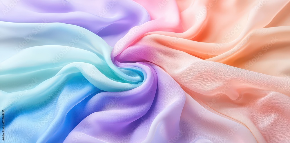 Fototapeta premium Ethereal chiffon fabric in vibrant rainbow colors, flowing gracefully and dynamically in a soft, airy breeze.