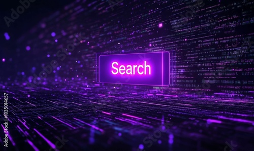 A glowing purple search button in a digital space. photo