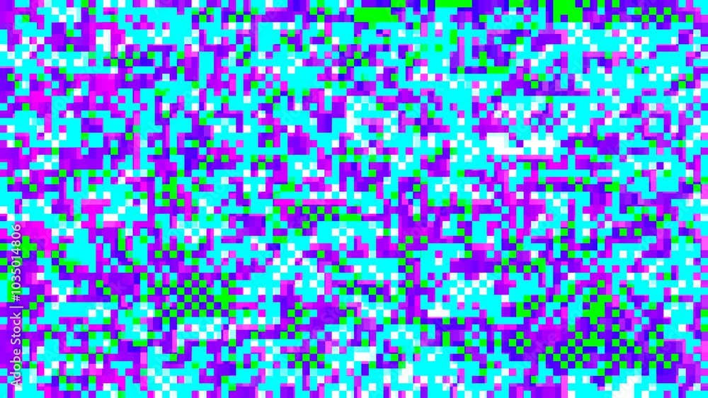Abstract pixel retro 8bit chaotic lo-fi flowing purple blue video game glitch noise texture, square tiles animated retro video game pixelated background, seamless looped vj pattern 80s, 90s texture