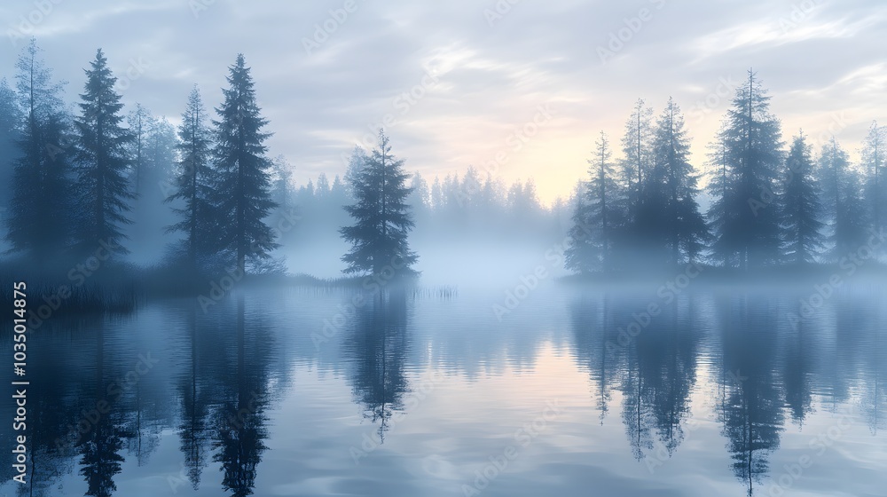 Serene Foggy Lake with Silhouettes of Pine Trees and Reflections at Dawn - Tranquil Nature Scene, Misty Morning Landscape, Mystical Atmosphere, Dreamy Woodland, Peaceful Wilderness