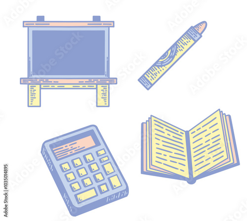 illustration of board, crayon, calculator, and book for School and office equipment with blue, pink, yellow color