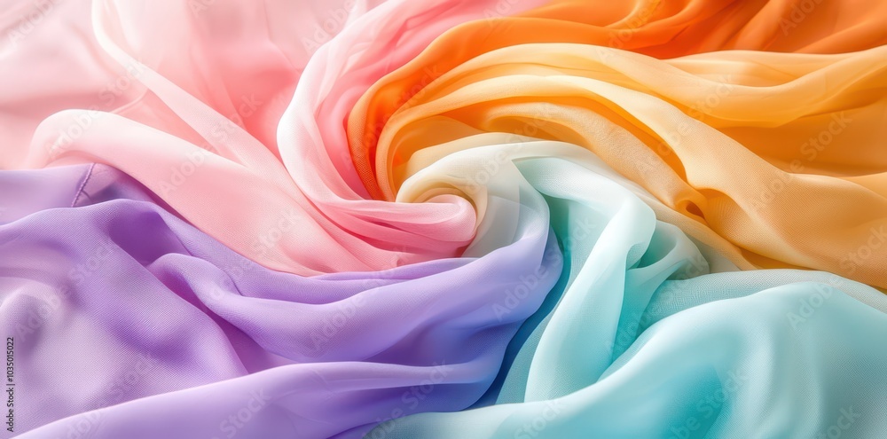 Ethereal chiffon fabric in vibrant rainbow colors, flowing gracefully and dynamically in a soft, airy breeze. Ethereal chiffon fabric in vibrant rainbow colors, flowing gracefully and dynamically in a soft, airy breeze.