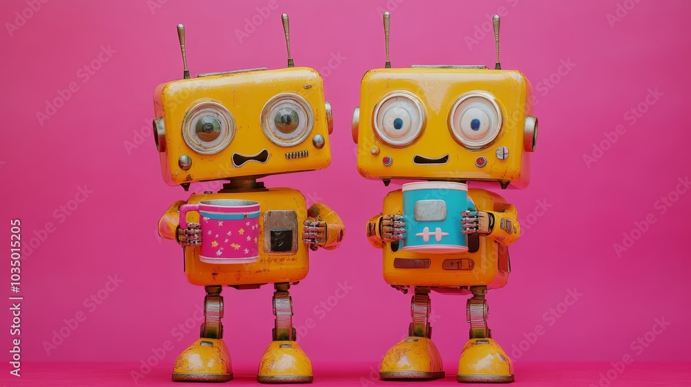 Fototapeta premium Two adorable yellow robots holding colorful mugs, standing on a vibrant bright pink background, expressive eyes and antennae, playful and whimsical