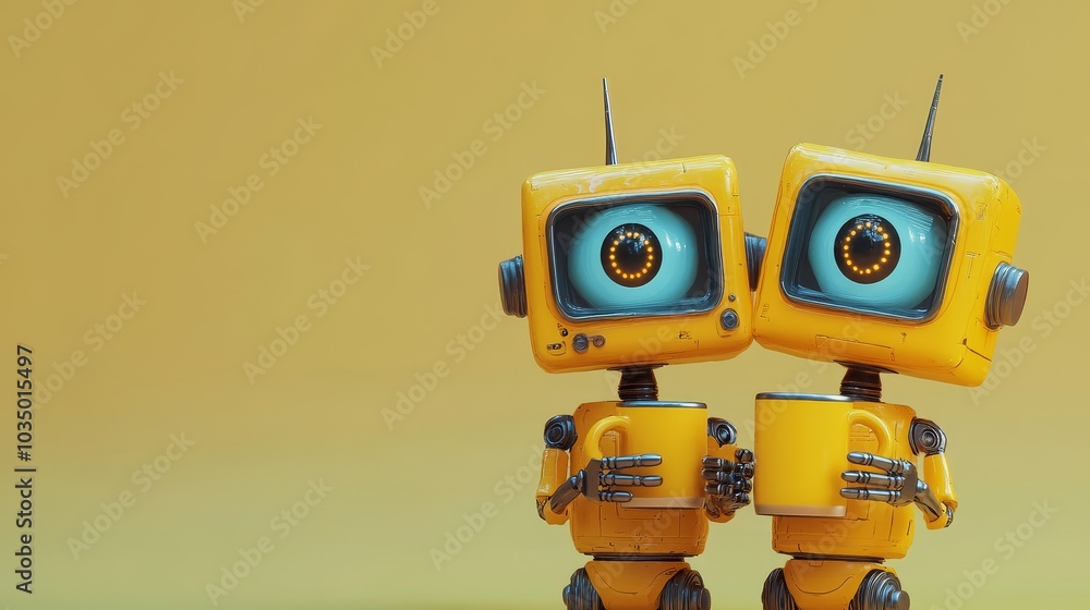 Two charming yellow robots with expressive eyes holding mugs in a pastel room, soft lighting, futuristic, 3D illustration, high contrast Two charming yellow robots with expressive eyes holding mugs in a pastel room, soft lighting, futuristic, 3D illustration, high contrast