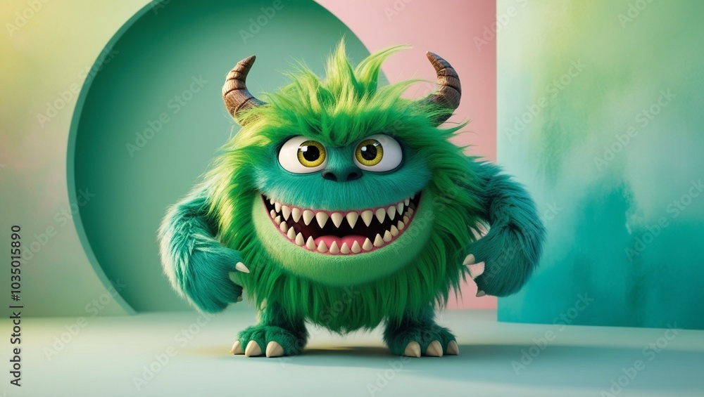 A happy green furry monster isolated on green background A happy green furry monster isolated on green background