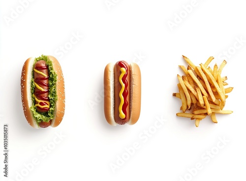 Two hot dogs and french fries isolated on white background.