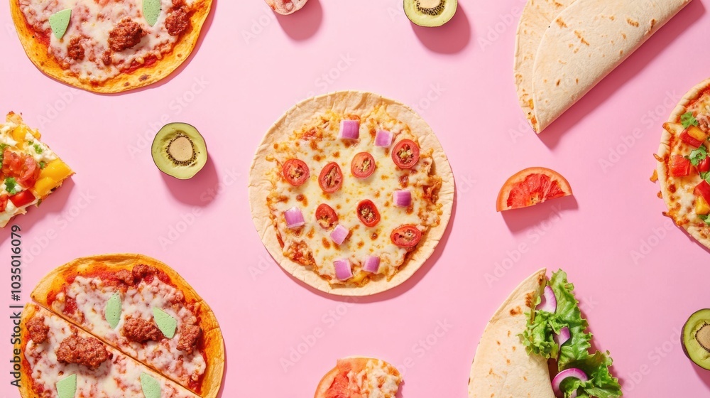 Tacos and pizza are beautifully arranged in geometric order on a vibrant pink backdrop, highlighting diverse street food options. Generative AI Tacos and pizza are beautifully arranged in geometric order on a vibrant pink backdrop, highlighting diverse street food options. Generative AI