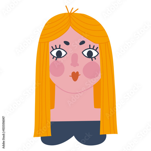 Head of a woman with long hair. Girl with big eyes, part of the body is the head. Flat vector illustration, eps10