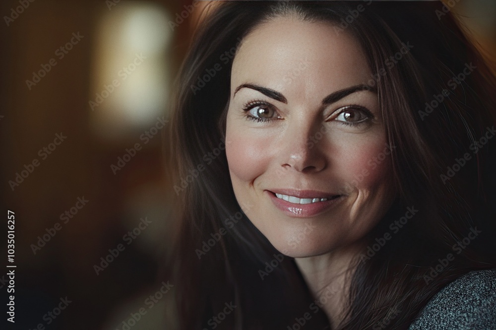 Brunette woman in her 30s with expressive eyes and a warm smile Brunette woman in her 30s with expressive eyes and a warm smile