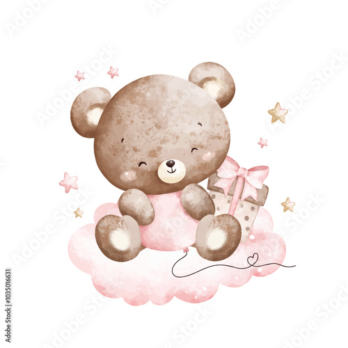 Watercolor Illustration Baby Teddy Bears and Pink Balloons Sits on Cloud