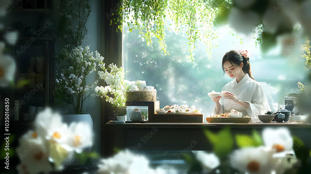 Woman in Traditional Dress Enjoying a Quiet Meal by a Window with Flowers and a View Woman in Traditional Dress Enjoying a Quiet Meal by a Window with Flowers and a View