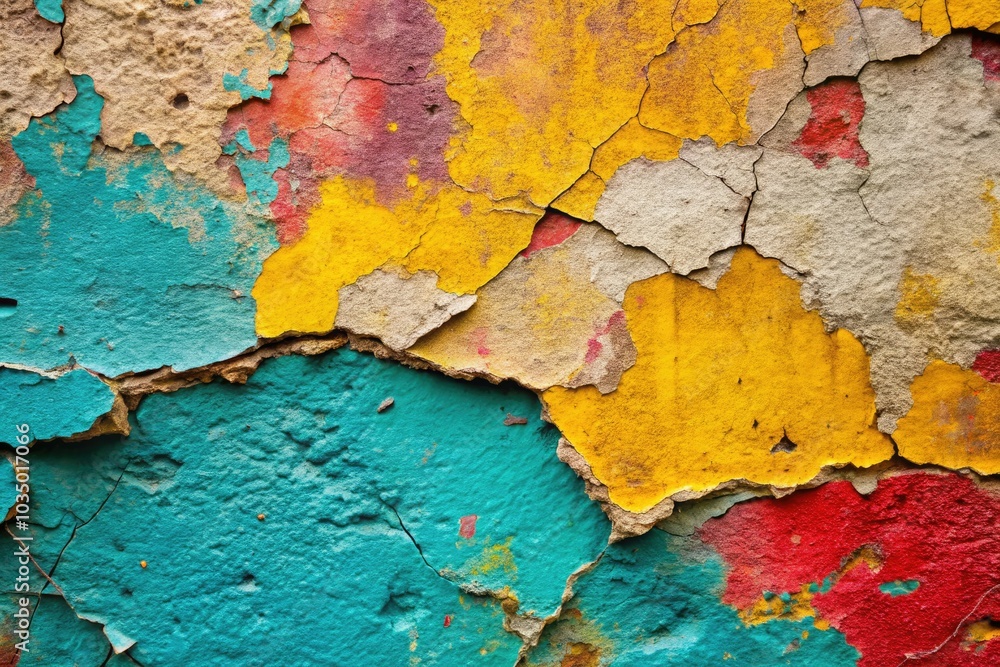 Obraz premium Textured concrete wall with weathered cracks and peeling paint, making it an ideal backdrop or design feature for artistic endeavors.