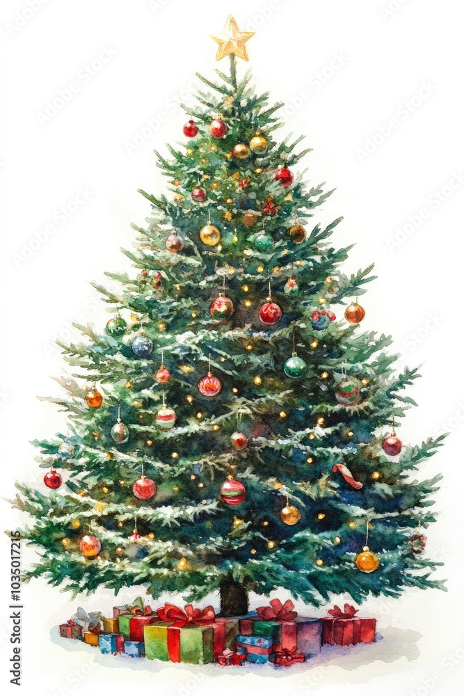 Classic watercolor picture of a Christmas tree with lights and toys Classic watercolor picture of a Christmas tree with lights and toys