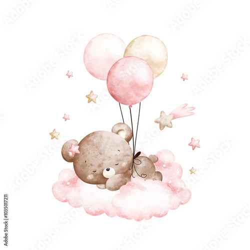Watercolor Illustration Baby Teddy Bears and Pink Balloons Sleeps on Cloud