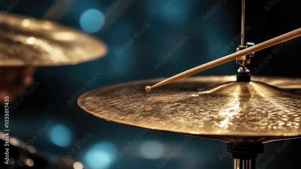 Obraz premium Drumstick striking cymbal in dimly lit setting