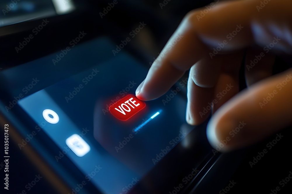 Obraz premium Fingers Pressing a Vote Button on a Touchscreen for Modern Digital Elections