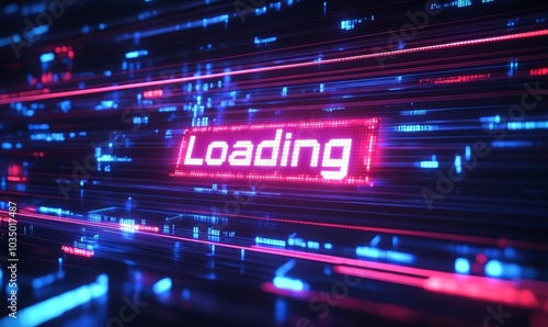 Neon "Loading" sign in digital space.