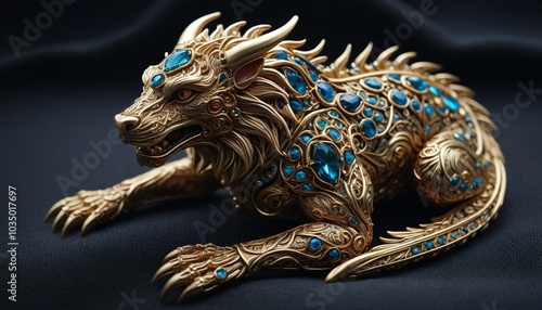 An intricately designed brooch shaped like a mythical beast, resting on a dark fabric, showcasing its craftsmanship and beauty, Generative AI photo