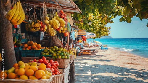 Colorful Fruit Stalls by Tropical Beach photo