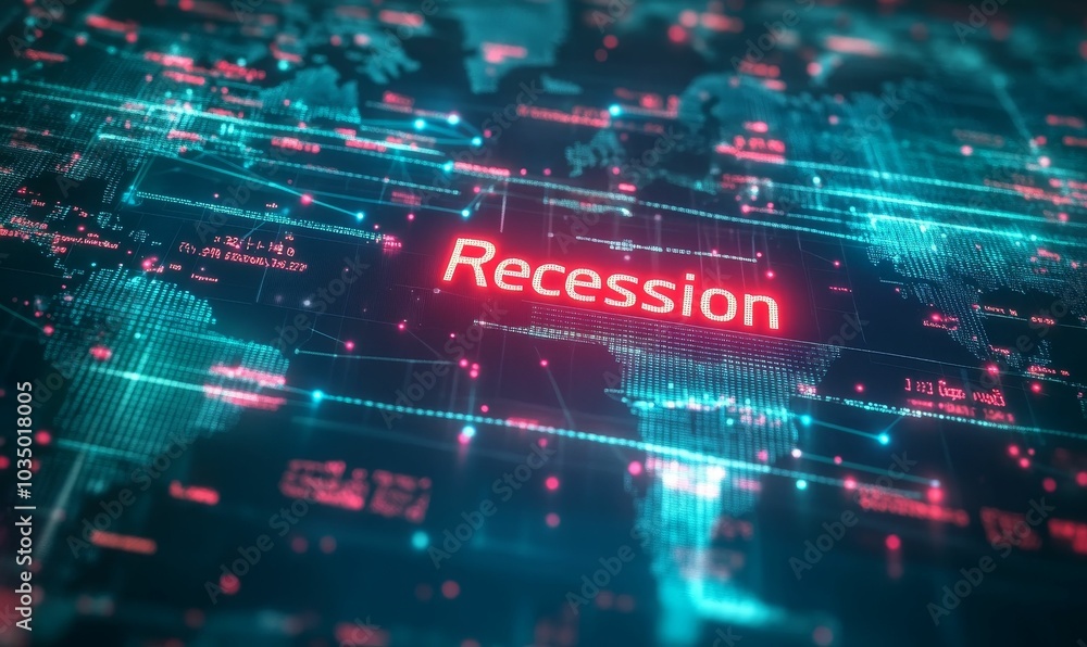 Global Recession, digital map, glowing red text. Global Recession, digital map, glowing red text.