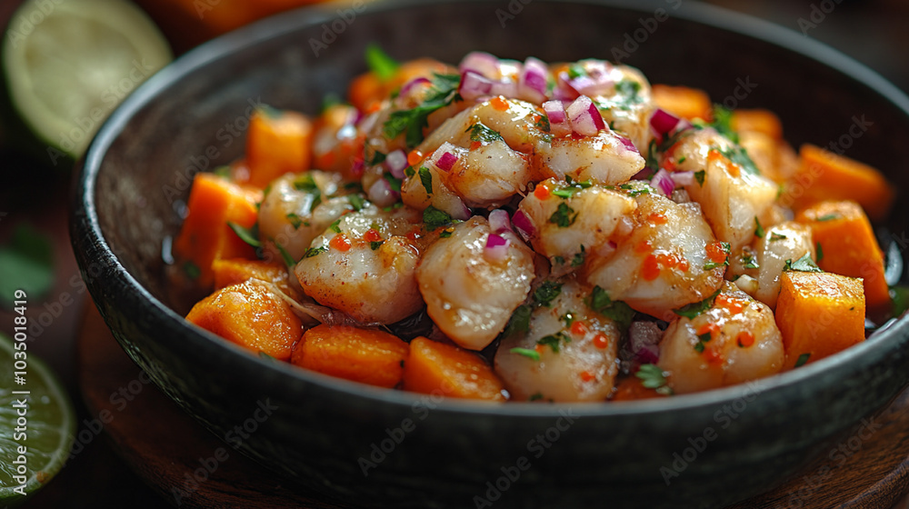 Peruvian ceviche with fresh fish marinated in lime juice, onions, and cilantro, served with sweet potatoes Peruvian ceviche with fresh fish marinated in lime juice, onions, and cilantro, served with sweet potatoes