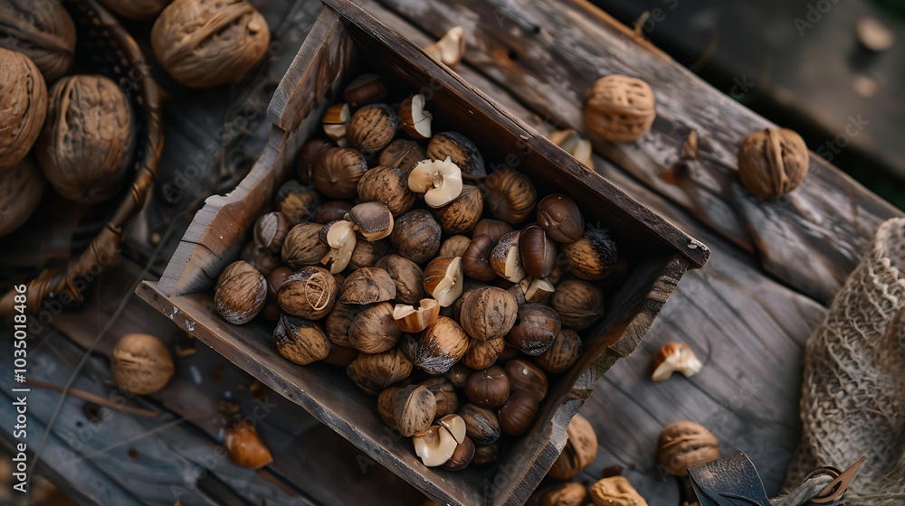 A rough wooden tray filled with some cracked open nuts A rough wooden tray filled with some cracked open nuts