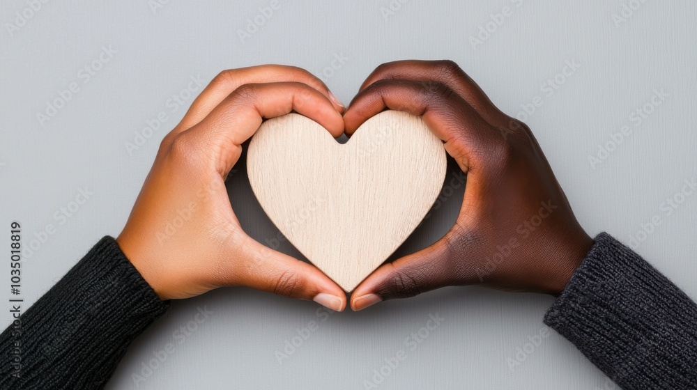 Hands forming a heart shape around a wooden heart on a gray background. Hands forming a heart shape around a wooden heart on a gray background.