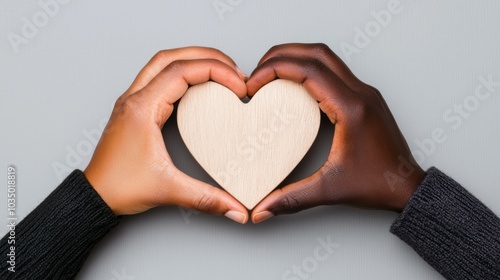 Hands forming a heart shape around a wooden heart on a gray background. photo