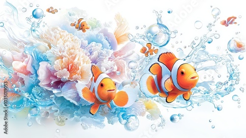 Clownfish family swimming amidst soft coral structures in an enchanting underwater world, surrounded by soft hues of blue and orange. photo