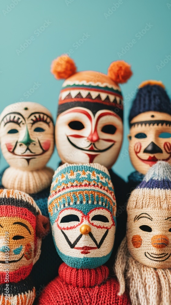 Colorful handcrafted masks with unique designs on a vibrant background. Colorful handcrafted masks with unique designs on a vibrant background.