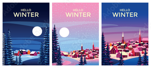Vector Set of 3 winter season landscapes. Pine trees in the first plan and village and forest under the snow in the background. Handmade drawing vector illustration.