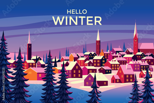 Winter season landscape with pine trees in the first plan and village with churches under the snow in the background. Trendy handmade drawing vector illustration.