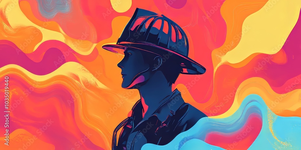 Vibrant Abstract Portrait of a Firefighter in Profile Vibrant Abstract Portrait of a Firefighter in Profile