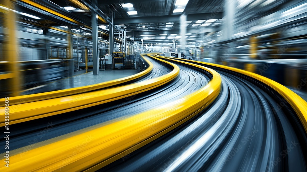 The image captures sleek yellow conveyor belts in a fast-paced industrial setting, emphasizing movement and efficiency in manufacturing processes. The image captures sleek yellow conveyor belts in a fast-paced industrial setting, emphasizing movement and efficiency in manufacturing processes.