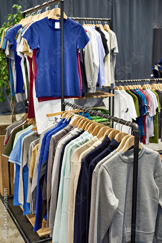 Sweaters and t-shirts on a hanger in a store