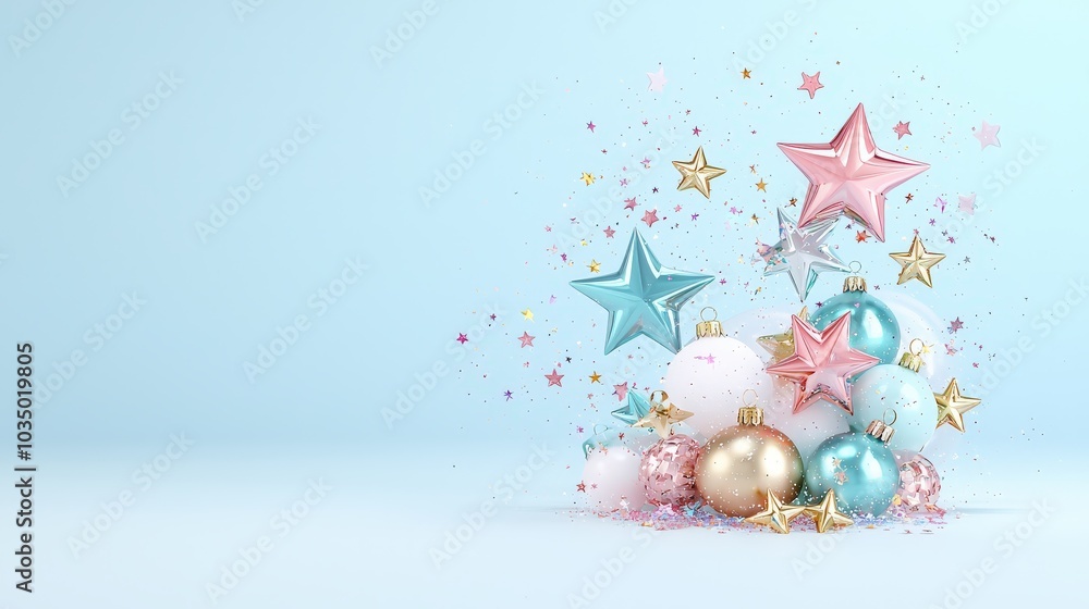 Metallic stars on a smooth white background in a minimalist arrangement, creating a sleek and stylish Christmas visual for modern holiday designs.