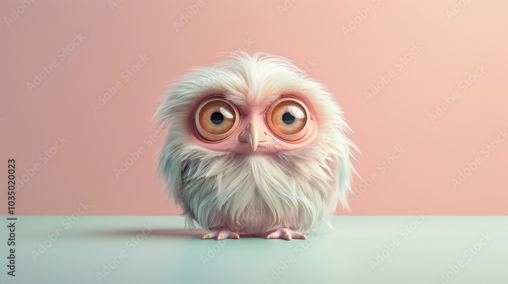 Fototapeta premium Cute fluffy pink owl with big eyes on pastel background