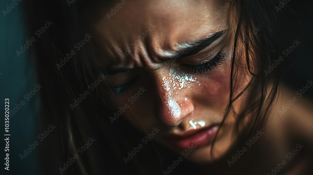An emotional portrait of a person crying, with tears streaming down their face, showing vulnerability. An emotional portrait of a person crying, with tears streaming down their face, showing vulnerability.