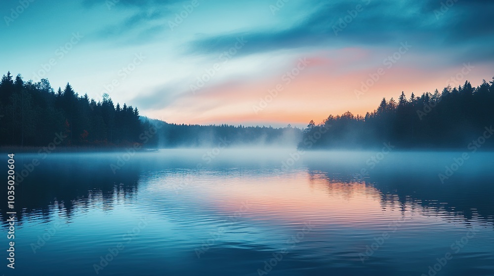 Tranquil Lake at Dusk with Mist and Reflection Tranquil Lake at Dusk with Mist and Reflection