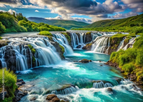 The beautiful Bruarfoss Waterfall showcases vibrant turquoise waters amidst lush greenery, forming an enchanting Icelandic landscape that mesmerizes and delights nature enthusiasts and travelers alike