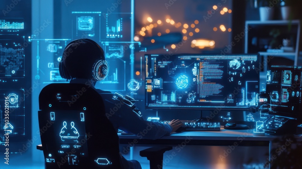 Obraz premium Cyberpunk Gamer Working at Night