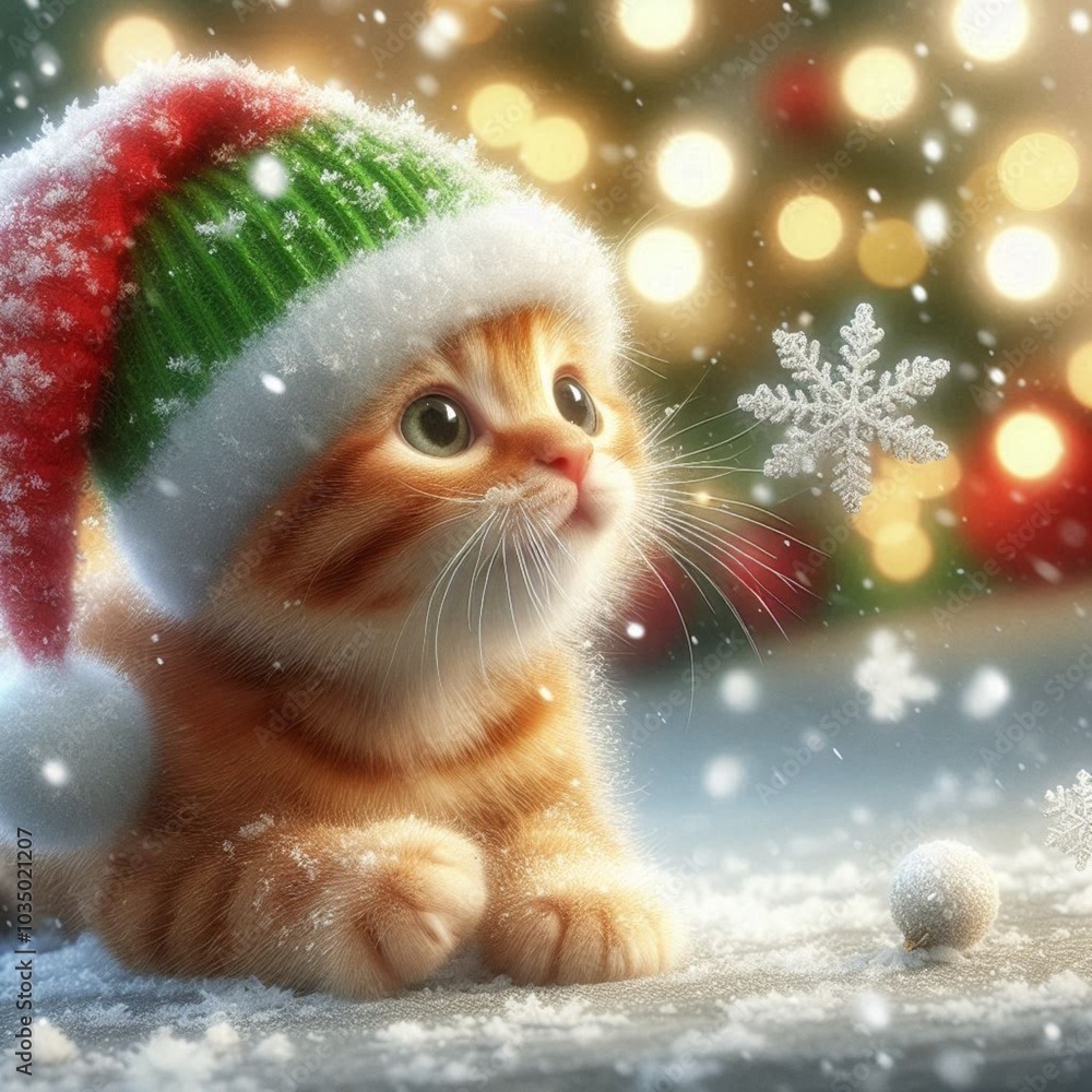 Adorable Ginger Kitten in Christmas Hat with Holiday Ornaments in Snowy Winter Wonderland Close Up. Adorable Ginger Kitten in Christmas Hat with Holiday Ornaments in Snowy Winter Wonderland Close Up.