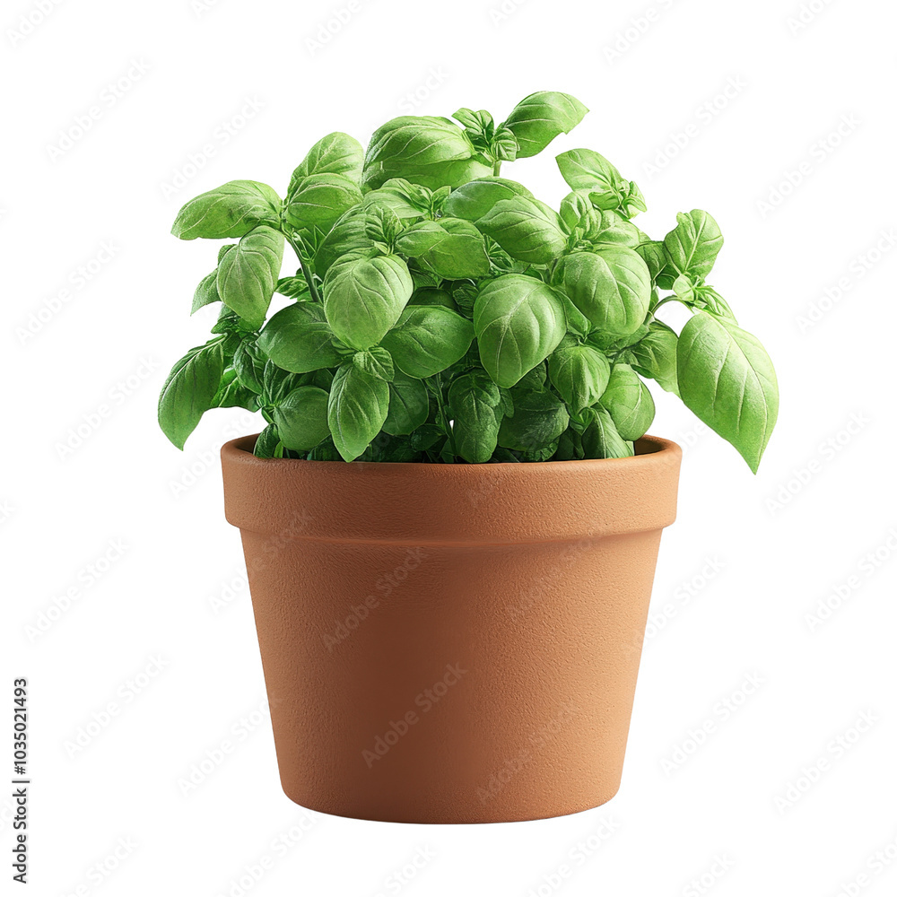 Fresh potted basil plant with green leaves, isolated on white background Fresh potted basil plant with green leaves, isolated on white background