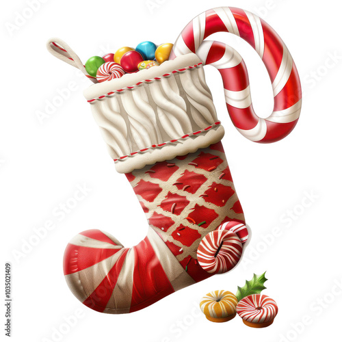 Christmas stocking with candy, holiday decoration, on transparent background png file photo