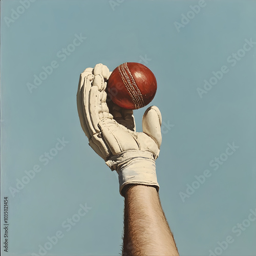 Cricket Player s Arm Reaching Up Holding Ball in Gloved Hand photo