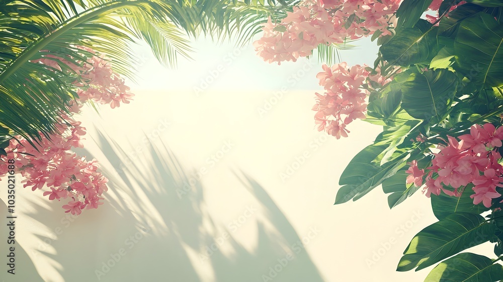 Stunning photograph showcasing a lush vibrant tropical garden filled with large leaved plants and bursts of colorful flourishing flowers against an isolated background Stunning photograph showcasing a lush vibrant tropical garden filled with large leaved plants and bursts of colorful flourishing flowers against an isolated background