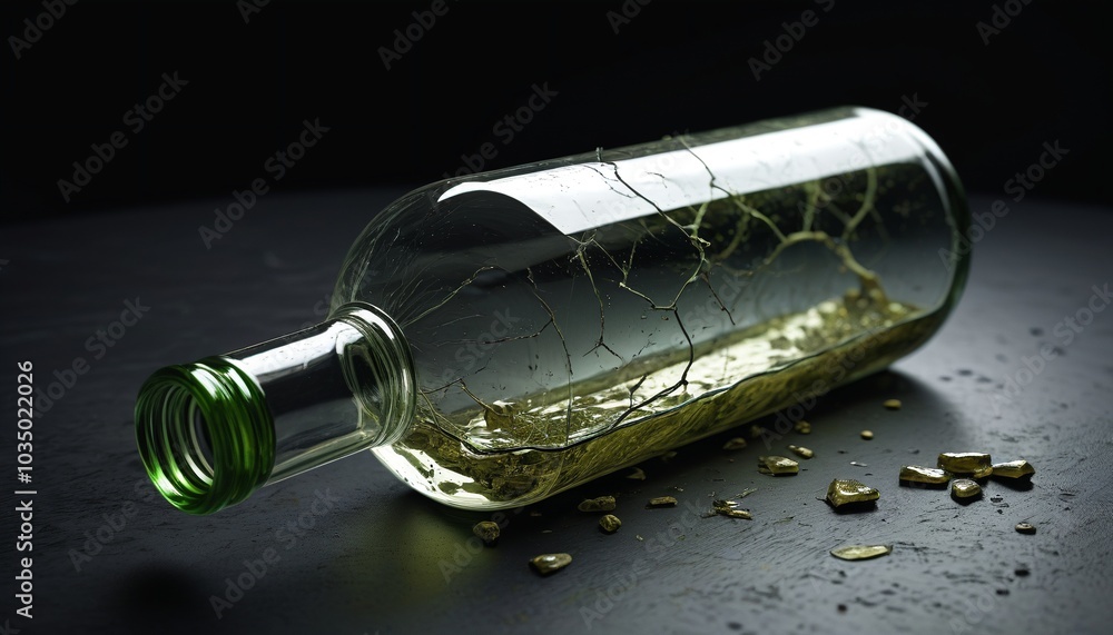 Fototapeta premium A cracked glass bottle filled with murky liquid, lying on a black table, suggesting the desperate measures taken to survive in a chaotic environment, Generative AI