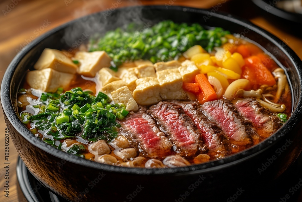 Black Cast-Iron Pot Filled with Sukiyaki Wagyu Beef Meat Tofu Mushroom Vegetable Rich Soup Stock Hot Pot Perfect for Japanese Cuisine Menus, Recipe Blogs, and Food Content Black Cast-Iron Pot Filled with Sukiyaki Wagyu Beef Meat Tofu Mushroom Vegetable Rich Soup Stock Hot Pot Perfect for Japanese Cuisine Menus, Recipe Blogs, and Food Content