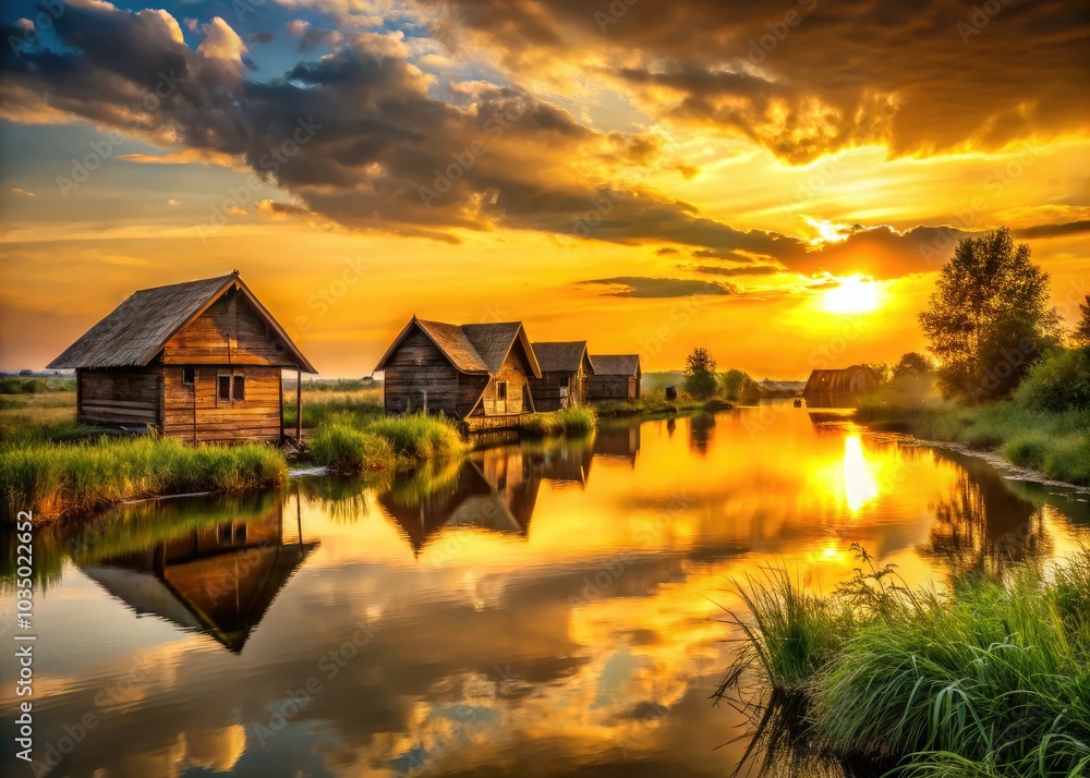 Fototapeta premium The calm sunset reflects golden shades in a lowland river, illuminating rustic wooden houses nestled peacefully along the bank, creating a serene atmosphere.
