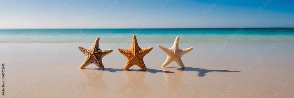 Seashells and starfish on a sandy beach with a clear blue ocean in the background. Seashells and starfish on a sandy beach with a clear blue ocean in the background.